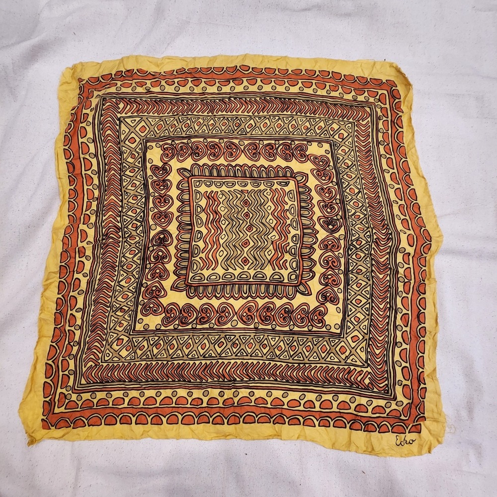 Vintage Echo Silk Scarf Yellow Orange Tribal Geometric Aztec Square Neck Scarf
